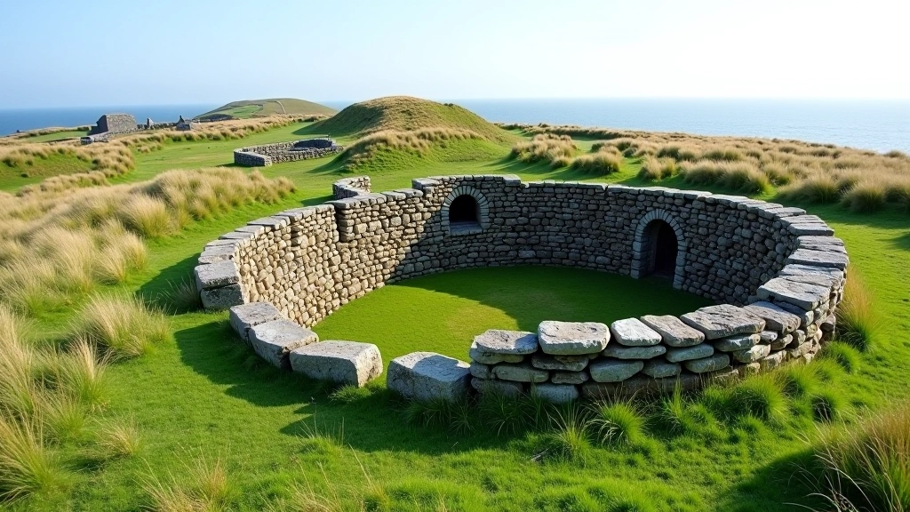 Ancient stone fort ruins of Dún Dúchathair perched on hillside overlooking Aran Islands landscape